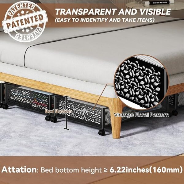 Under Bed Storage, Under the Bed Storage Containers with Wheels, Under Bed Shoe Storage Organizer Drawer, Tool-free Assembly Metal Underbed Storage Containers for Bedroom Clothes Shoes Blankets -2Pack - Image 3