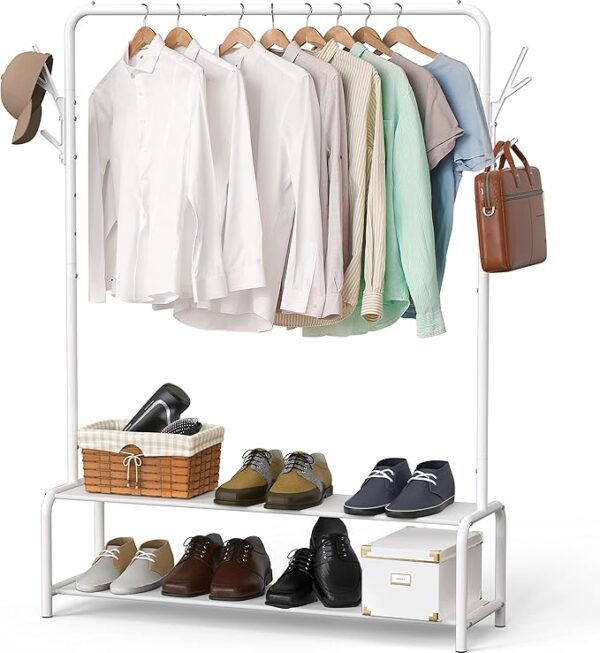Simple Houseware Garment Rack with Storage Shelves and Coat/Hat Hanging Hooks, White - Image 3