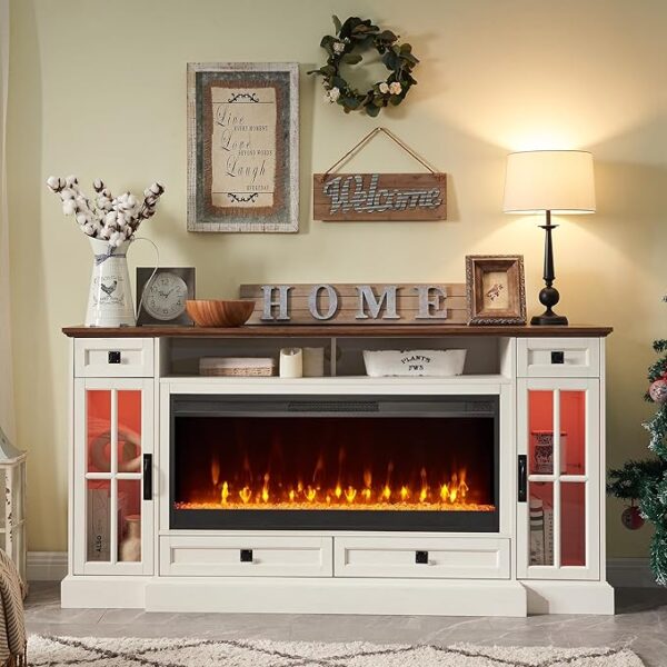 OKD Fireplace TV Stand for 80 Inch TV, Farmhouse Entertainment Center with 42" Fireplace & LED Lights, Modern Media Console Table with Storage Drawers & Cabinets for Living Room, Antique White - Image 4