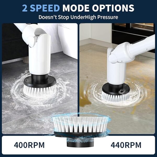 Electric Spin Scrubber - Cordless Cleaning Brush with Digital Display, 2 Speeds, 8 Brush Heads, IPX7 Waterproof, Adjustable Long Handle for Bathroom, Tub, Tile, Shower, and Car - Image 5