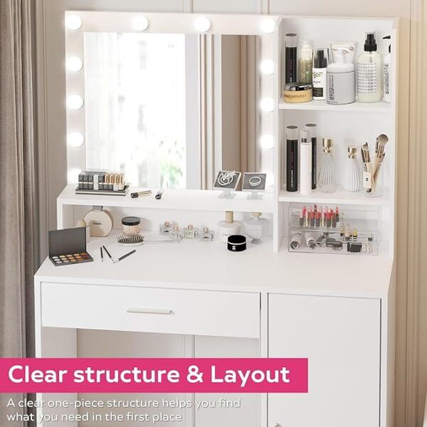 Vanity Desk with Mirror and Light, Large Drawer and Three Level Storage Dresser, 3 Lighting Modes Adjustable Brightness, Bedroom Dressing Table (White) - Image 5