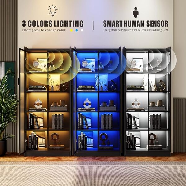 Display Cabinet with Doors and Adjustable Shelves, 65" Tall Bookcase with LED Lights/Human Sensor, 5 Tier Display Case for Collectibles Bedroom Living Room Office, Black - Smoked Black Door - Image 2