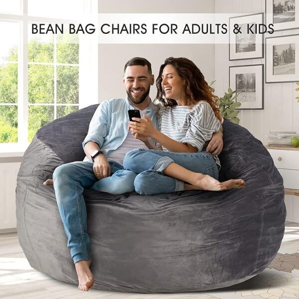 Homguava Bean Bag Chair: Giant Bean Bags with Memory Foam Filled, Large Beanbag Chairs Soft Sofa with Dutch Velet Cover 6FT(58"×58"×28")-Grey - Image 3