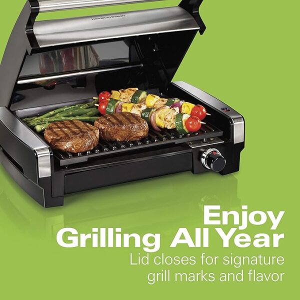 Hamilton Beach Electric Indoor Searing Grill with Adjustable Temperature Control to 450F, Removable Nonstick Grate, 118 sq. in. Surface Serves 6, Stainless Steel - Image 2