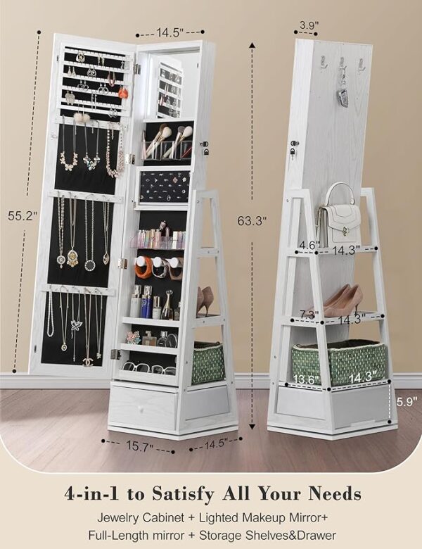 Nicetree 360° Swivel Jewelry Cabinet with Lights, Touch Screen Vanity Mirror, Rotatable Full Length Mirror with Jewelry Storage, Standing Jewelry Armoire Organizer, Foldable Makeup Shelf, White - Image 2