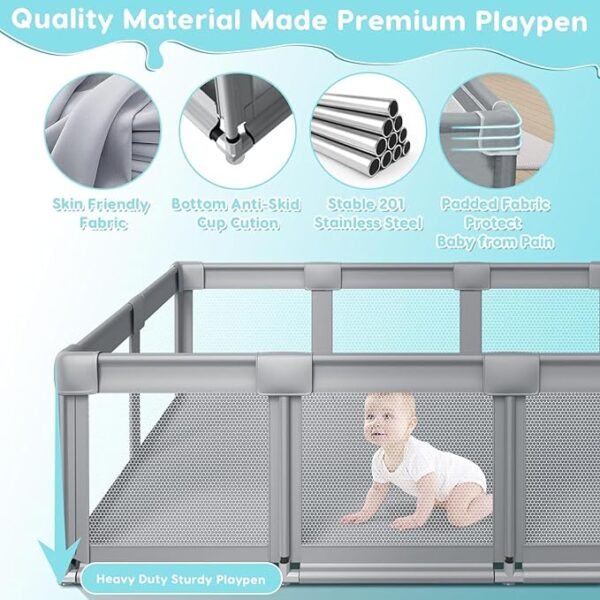 74" ×50" Large Baby Playpen, Baby Playard for Babies and Toddlers, Baby Fence Play Pens for Indoor & Outdoor, Sturdy Safety Play Yard with Soft Breathable Mesh, Anti-Fall, Grey - Image 4