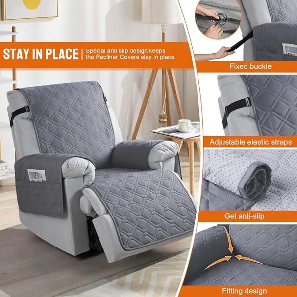 VANSOFY 100% Waterproof Recliner Chair Covers, Recliner Cover Non-Slip Dog Chair Cover Furniture Protector Washable Slipcover with Pocket, Elastic Straps for Pets, Dogs(Dark Gray, 23.6") - Image 5