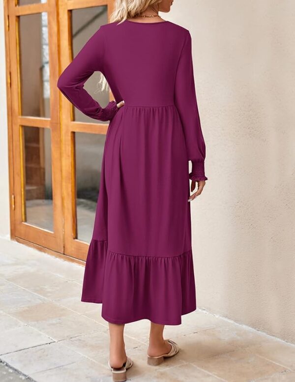 ZESICA Women's Spring Long Sleeve Dress Crewneck Casual Loose Pleated Tiered Swing Midi Dresses with Pockets - Image 4