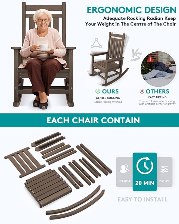 SERWALL Outdoor Rocking Chair Set of 2, HDPE Rocking Chairs for Adult, All Weather Porch Rockers for Lawn Garden, Coffee - Image 4