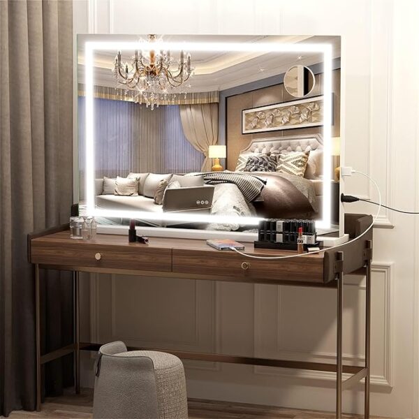 Hasipu Vanity Mirror with Lights, 32" x 22" LED Makeup Mirror, Lighted Makeup Mirror with Dimmable 3 Modes, Touch Screen Control Vanity Mirror Square White - Image 2