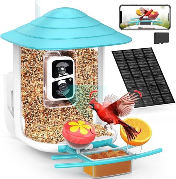 birdsnap® TUC- Bird Feeder with Camera 2K Live Stream 160°View with Solar Panel 32GB Card 4-in-1 Perch, Auto Notify AI Identify 10000+ Bird Watching Camera 2.4G WiFi Wireless Outdoor for Bird Lover