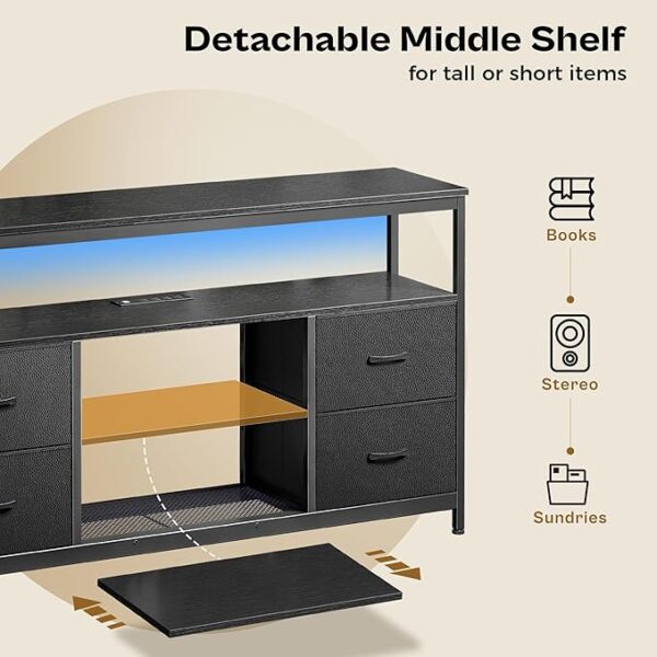Huuger TV Stand Dresser with Power Outlets and LED Lights, 4 Drawers Entertainment Center with Shelf, 54 Inch Media Console for 55 60 Inch TV, 4 AC Outlets, 2 USBs, Dresser with PU Finish, Black - Image 3