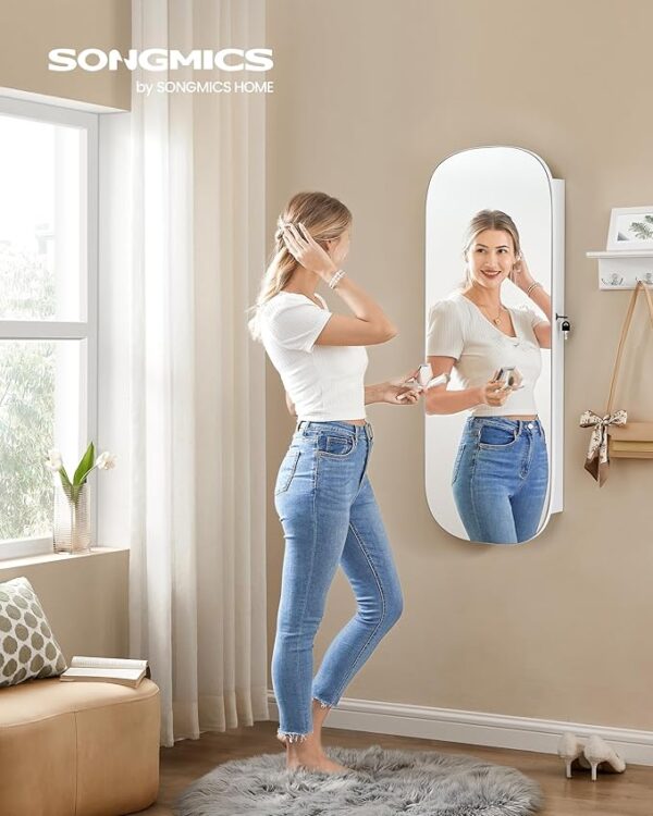 SONGMICS Jewelry Organizer, LED Jewelry Cabinet Wall or Door Mounted, Lockable Rounded Wide Mirror with Storage, Interior Mirror, 3.9 x 16.5 x 42.5 Inches, White Surface with Greige Lining - Image 3