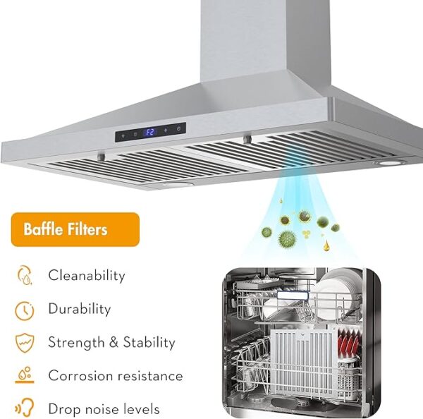 FIREGAS Range Hood 30 inch Wall Mount,450 CFM Ducted/Ductless Range Hood with Stainless Steel,Stove Hood Vent for Kitchen with 3 Speed Fan,Permanent Filters,Led Lights,Digital Touch,Charcoal Filter - Image 6