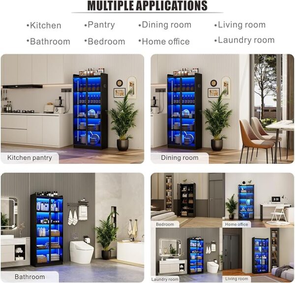 Display Cabinet with Doors and Adjustable Shelves, 65" Tall Bookcase with LED Lights/Human Sensor, 5 Tier Display Case for Collectibles Bedroom Living Room Office, Black - Smoked Black Door - Image 4