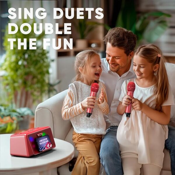 MASINGO Karaoke Machine for Adults and Kids with 2 Wireless Microphones, Portable Bluetooth Singing Speaker, Colorful LED Lights, PA System, Lyrics Display Phone Holder, and TV Cable. Presto G2 Pink - Image 2