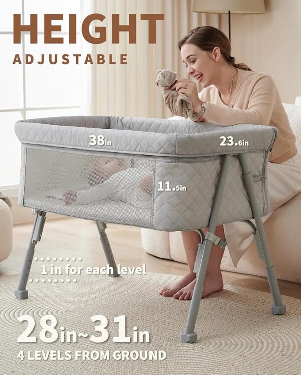 Bassinet Bedside Sleeper, Baby Crib for Newborn, Baby Bassinets Bedside Sleeper with 4 Auto-Lock & Adjustable Height, Breathable Mesh & Mattress, Bedside Bassinet - Image 4