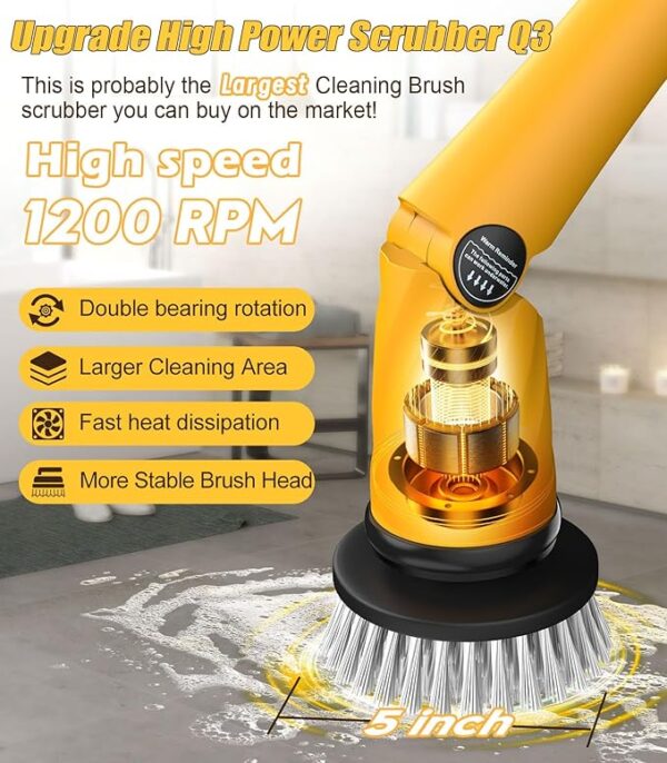 Qimedo Electric Spin Scrubber Extra Large Brush Q3,6000 mAh Best Battery Power Scrubber for Cleaning,1200RPM Shower Cordless Cleaning Brush with 8 Brushes for Bath/Tub/Tile/Floor (Smart Display) - Image 4