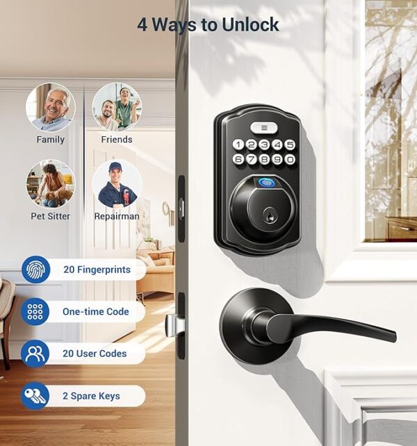 Veise Fingerprint Door Lock with 2 Lever Handles - Keyless Entry Door Lock, Electronic Keypad Deadbolt & Front Door Lock Handle Sets, Auto Lock & 1 Touch Locking, Easy Installation, Matte Black - Image 5