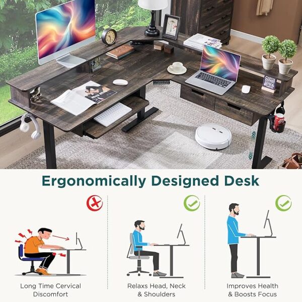 RedLemon 60 Inches L Shaped Electric Standing Desk,Height Adjustable Corner Gaming Desk with Drawers, Keyboard Tray, Power Outlets & LED Lights, Comnputer Desk with Monitor Shelf, Dark Rustic Oak - Image 3