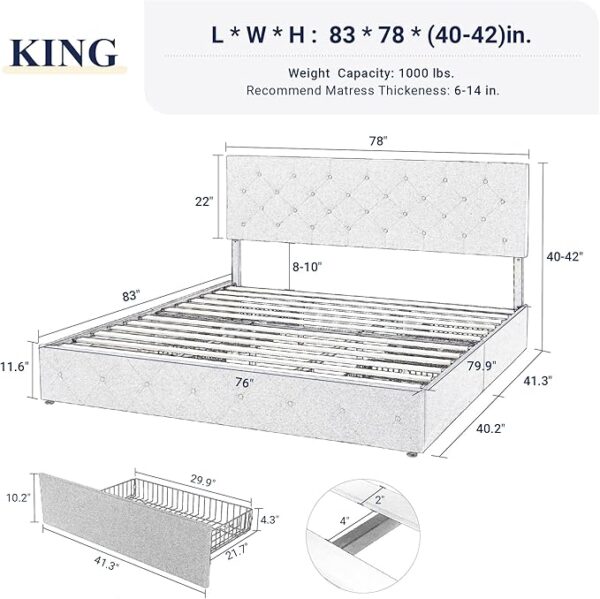 Allewie Upholstered King Size Platform Bed Frame with 4 Storage Drawers and Headboard, Diamond Stitched Button Tufted, Mattress Foundation with Wooden Slats Support, No Box Spring Needed, Dark Grey - Image 4