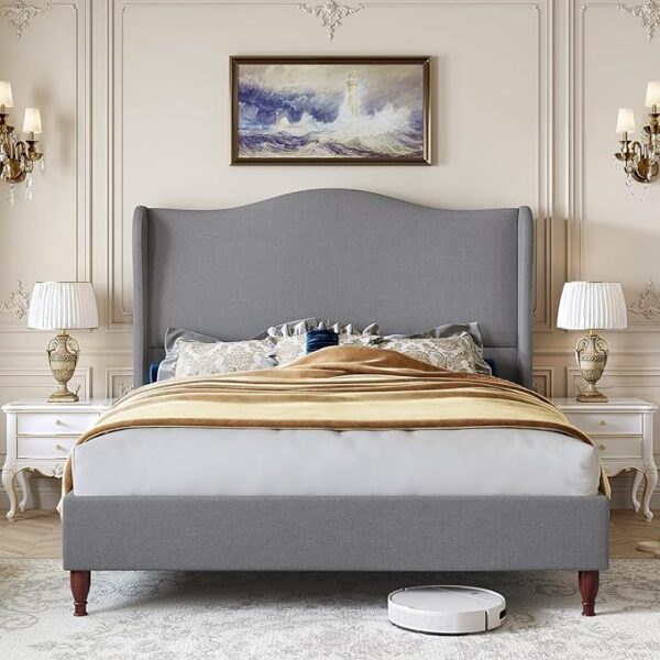 Queen Size Upholstered Bed Frame with 51" Tall Headboard Wingback Platform Bed with Soft Fabric, Retro Simple Style Sleigh Bedframe No Box Spring Needed, Noise-Free/Easy Assembly, Light Grey