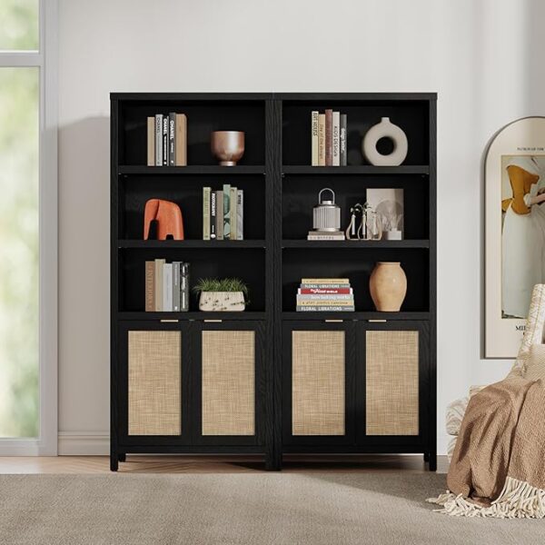 SICOTAS Bookcase 5 Tier Bookshelf Rattan Boho Tall Book Case Shelf with Doors Storage Wood Large Bookcase Farmhouse Bookshelves Library Shelves for Living Room Bedroom Home Office Kitchen (Black 2PCS) - Image 2