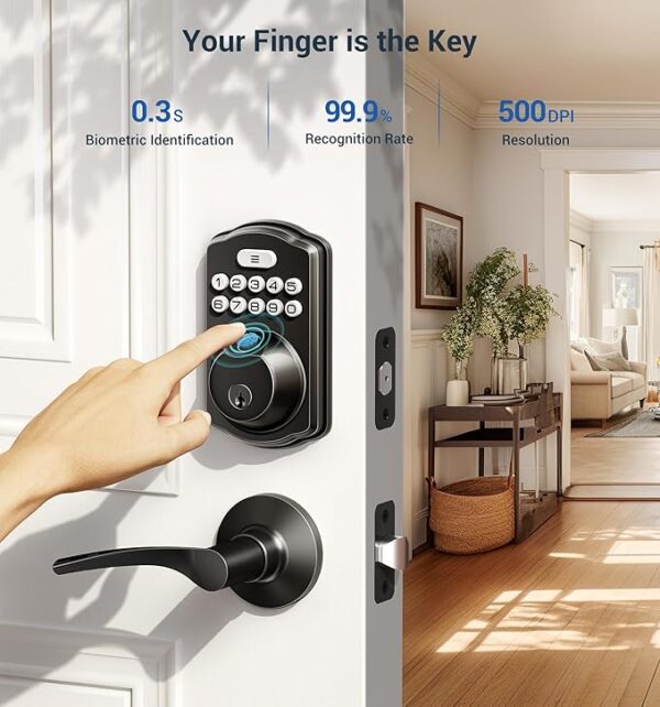 Veise Fingerprint Door Lock with 2 Lever Handles - Keyless Entry Door Lock, Electronic Keypad Deadbolt & Front Door Lock Handle Sets, Auto Lock & 1 Touch Locking, Easy Installation, Matte Black - Image 6