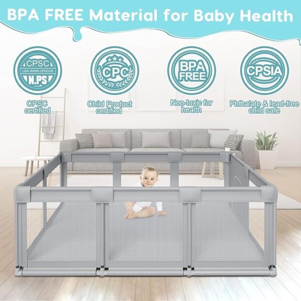 74" ×50" Large Baby Playpen, Baby Playard for Babies and Toddlers, Baby Fence Play Pens for Indoor & Outdoor, Sturdy Safety Play Yard with Soft Breathable Mesh, Anti-Fall, Grey - Image 6