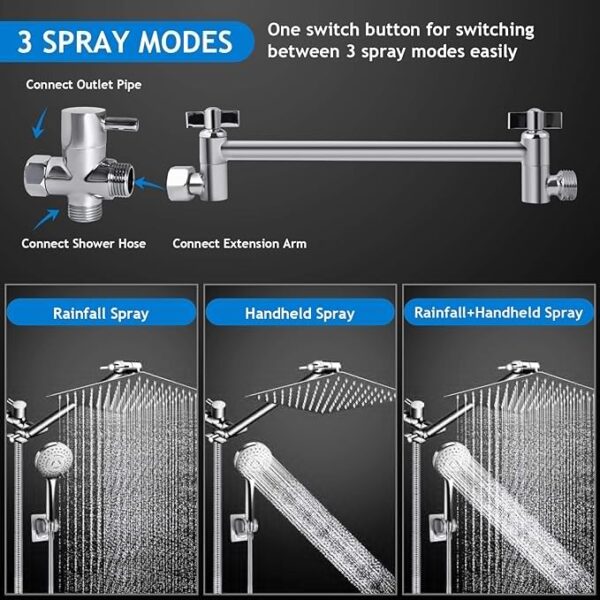 Shower Head Combo,10 Inch High Pressure Rain Shower Head with 11 Inch Adjustable Extension Arm and 5 Settings Handheld ,Powerful Shower Spray Against Low Pressure Water with Long Hose - Image 3