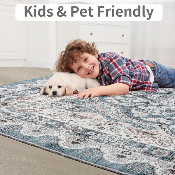 Foxmas 6x9 Area Rugs for Living Room, Machine Washable Vintage Rug, Non-Slip Low Pile Throw Rugs with Rubber Backing Washable Carpet for Bedroom Dining Room Kitchen Home Decor, Blue - Image 6