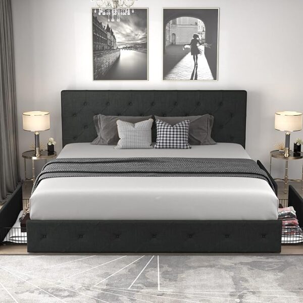 Allewie Upholstered King Size Platform Bed Frame with 4 Storage Drawers and Headboard, Diamond Stitched Button Tufted, Mattress Foundation with Wooden Slats Support, No Box Spring Needed, Dark Grey - Image 5