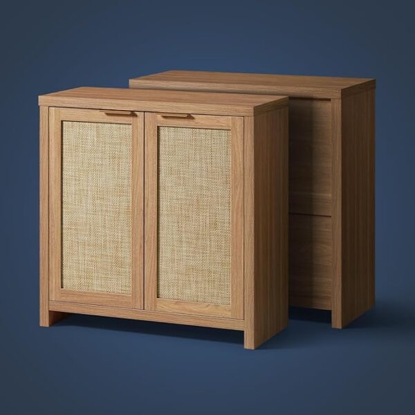 Hampstead Storage Sideboard Cabinet with Rattan Doors and Adjustable Shelves, Buffet Kitchen Cabinet Cupboard Console for Living Room, Set of 3 - Image 3