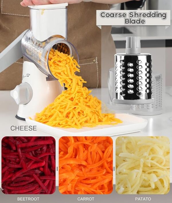 Ourokhome Rotary Cheese Grater Hand Crank, Kitchen Shredder Speed Mandolin Slicer Nuts Grinder with Handle and Drum Blades for Cheese, Vegetable, Walnuts, Chocolate, Potato, Carrot, 3 Blades, White - Image 2