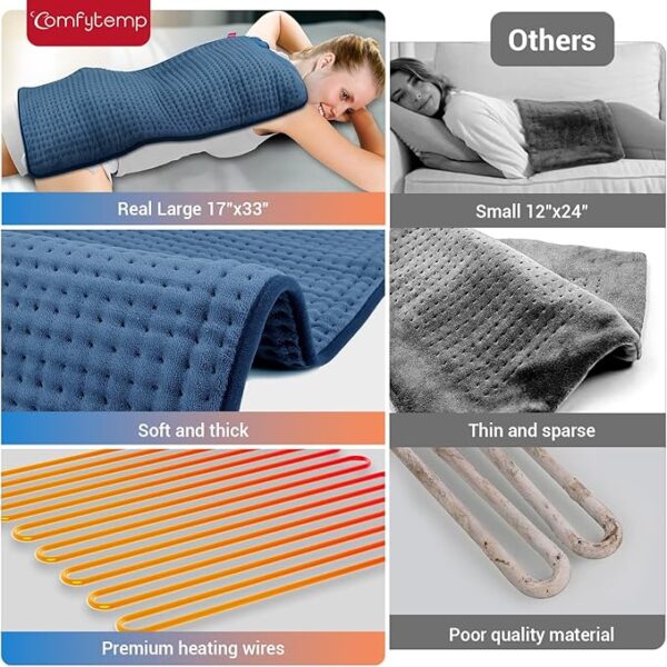 Comfytemp Heating Pad for Back Pain Relief - FSA HSA Eligible Extra Large Heating Pad XXL, Christmas Birthday Gifts for Women Mom, 17''x 33'' King Size Electric Heating Pad for Period Cramps (Blue) - Image 3