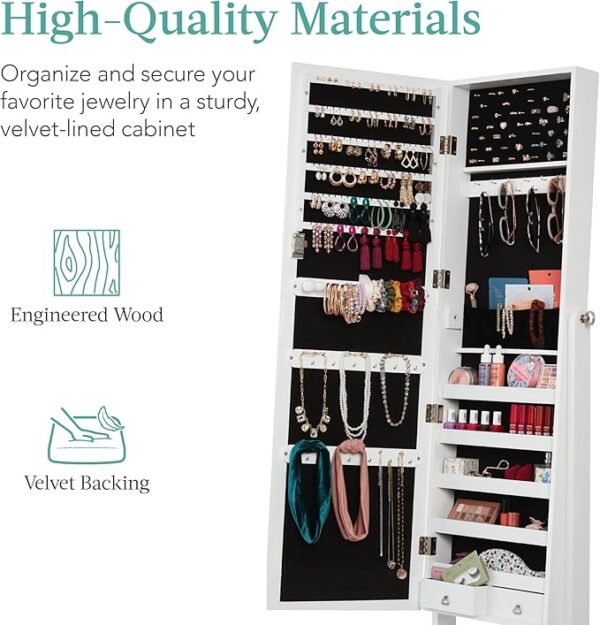 Best Choice Products Freestanding Jewelry Armoire Cabinet, Full Length Standing Mirror, Lockable Makeup Storage Organizer, w/Velvet Lining, 3 Angles, Lock, Accessory Pouch, 5 Shelves - White - Image 4