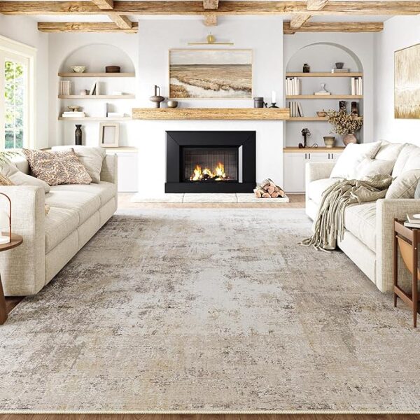 8x10 Washable Area Rug Beige Grey Neutral Abstract Living Room Bedroom Large Throw Rug Non Slip Soft Low Pile Indoor Floor Carpet for Dining Room Kitchen Office Entryway