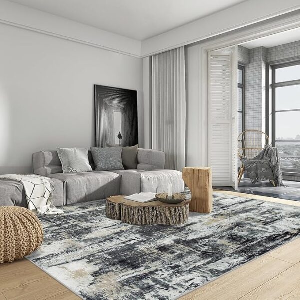 8x10 Area Rugs Washable Rug: Large Modern Abstract Living Room Rug Soft Anti-Skid Thin Carpet Indoor Floor Non-Shedding Carpets for Bedroom Dining Farmhouse Nursery Home Office Black Grey Gold - Image 4