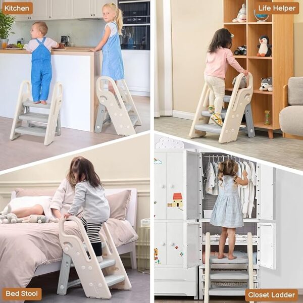 Onasti Foldable Step Stool for Bathroom Sink, Adjustable 3 Step Stool for Kids Toilet Potty Training Stool with Handles, Child Kitchen Counter Stool Helper, Plastic Ladder for Toddlers Grey - Image 2