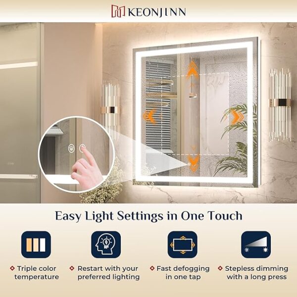 Keonjinn 72 ” x 36 ” Lighted Mirror for Bathroom Wall, LED Mirror with Frontlit & Backlit, Large Bathroom Mirror with Lights, Dimmable 3-Color Lights, HD Tempered Glass, UL-Listed LED Driver - Image 4