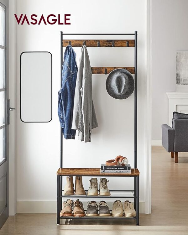 VASAGLE Coat Rack, Hall Tree with Shoe Storage Bench, Entryway Bench with Shoe Storage, 3-in-1, Steel Frame, for Entryway, 12.6 x 27.6 x 68.9 Inches, Industrial, Rustic Brown and Black UHSR41BX - Image 4