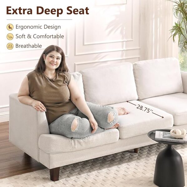3 Seater Sofa Couch with Deep Seats, 89" Mid Century Modern Upholstered Sofa with Armrests, Comfy Couches for Living Room, Bedroom, Apartment and Office (Beige) - Image 2