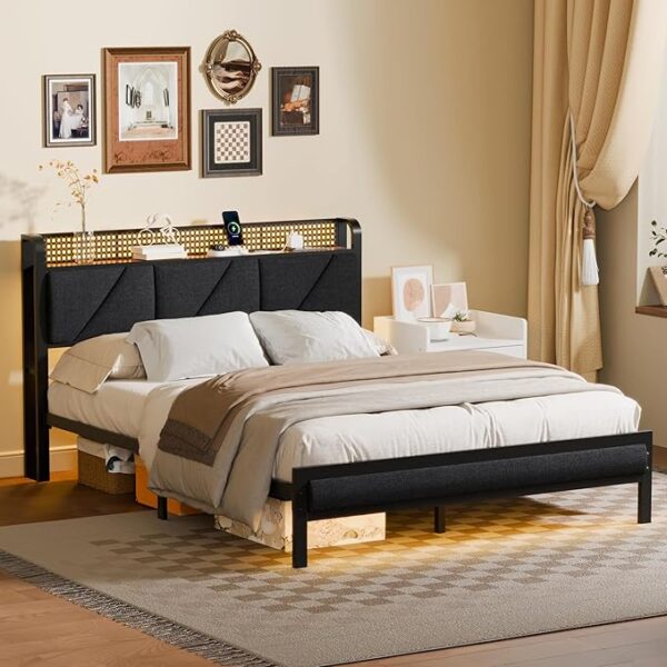 Furnulem Queen Size Bed Frame with Headboard and LED Lights,Upholstered Bedframe with Charging Station and USB Port, Platform Metal Bed Frame,No Box Spring Needed, Noise Free - Image 3