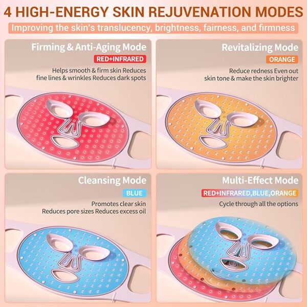 LED Face Mask Light Therapy, 4 Modes Portable Red Light Therapy for Face with 2000mAh Rechargeable Remote, Blue, Orange, 850NM Infrared & Red Light Mask, 400 LEDs for Anti-Aging, at Home - Image 6