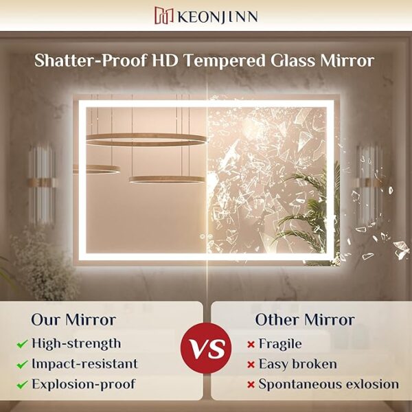 Keonjinn 72 ” x 36 ” Lighted Mirror for Bathroom Wall, LED Mirror with Frontlit & Backlit, Large Bathroom Mirror with Lights, Dimmable 3-Color Lights, HD Tempered Glass, UL-Listed LED Driver - Image 2