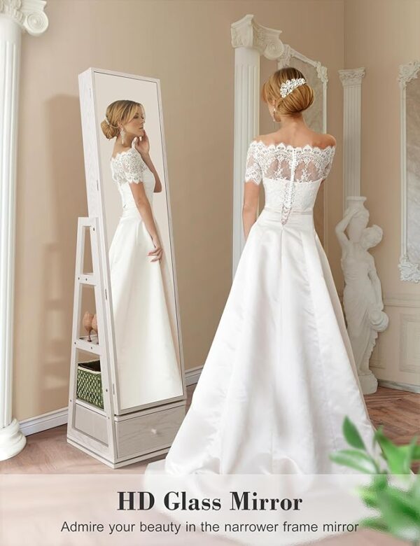 Nicetree 360° Swivel Jewelry Cabinet with Lights, Touch Screen Vanity Mirror, Rotatable Full Length Mirror with Jewelry Storage, Standing Jewelry Armoire Organizer, Foldable Makeup Shelf, White - Image 4