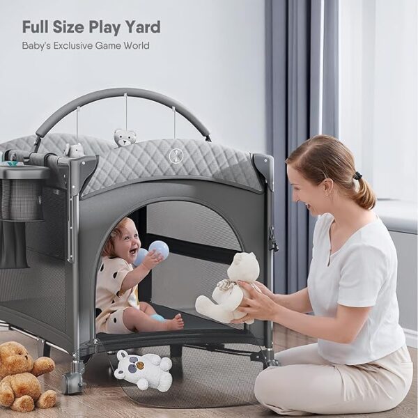 4 in 1 Baby Bassinet, Pack and Play, Bedside Crib Sleeper, Diaper Changer - Comes with Mattress, Mosquito Net，Bottom Storage and Toy Bar for Newborn to Toddles - Image 5
