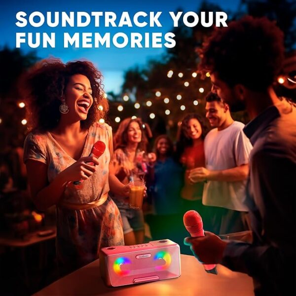 MASINGO Karaoke Machine for Adults and Kids with 2 Wireless Microphones, Portable Bluetooth Singing Speaker, Colorful LED Lights, PA System, Lyrics Display Phone Holder, and TV Cable. Presto G2 Pink - Image 3