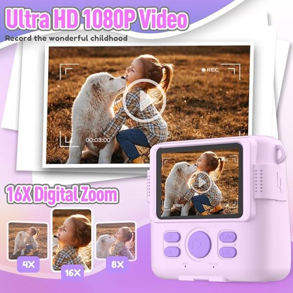 Instant Print Camera for Kids, Christmas Birthday Gifts for Girls Boys, HD Digital Video Cameras for Toddler, Portable Toy for 4 5 6 7 8 9 10 Year Old Girl with 32GB SD Card-Purple - Image 4