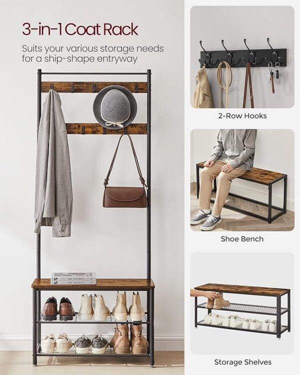VASAGLE Coat Rack, Hall Tree with Shoe Storage Bench, Entryway Bench with Shoe Storage, 3-in-1, Steel Frame, for Entryway, 12.6 x 27.6 x 68.9 Inches, Industrial, Rustic Brown and Black UHSR41BX - Image 3